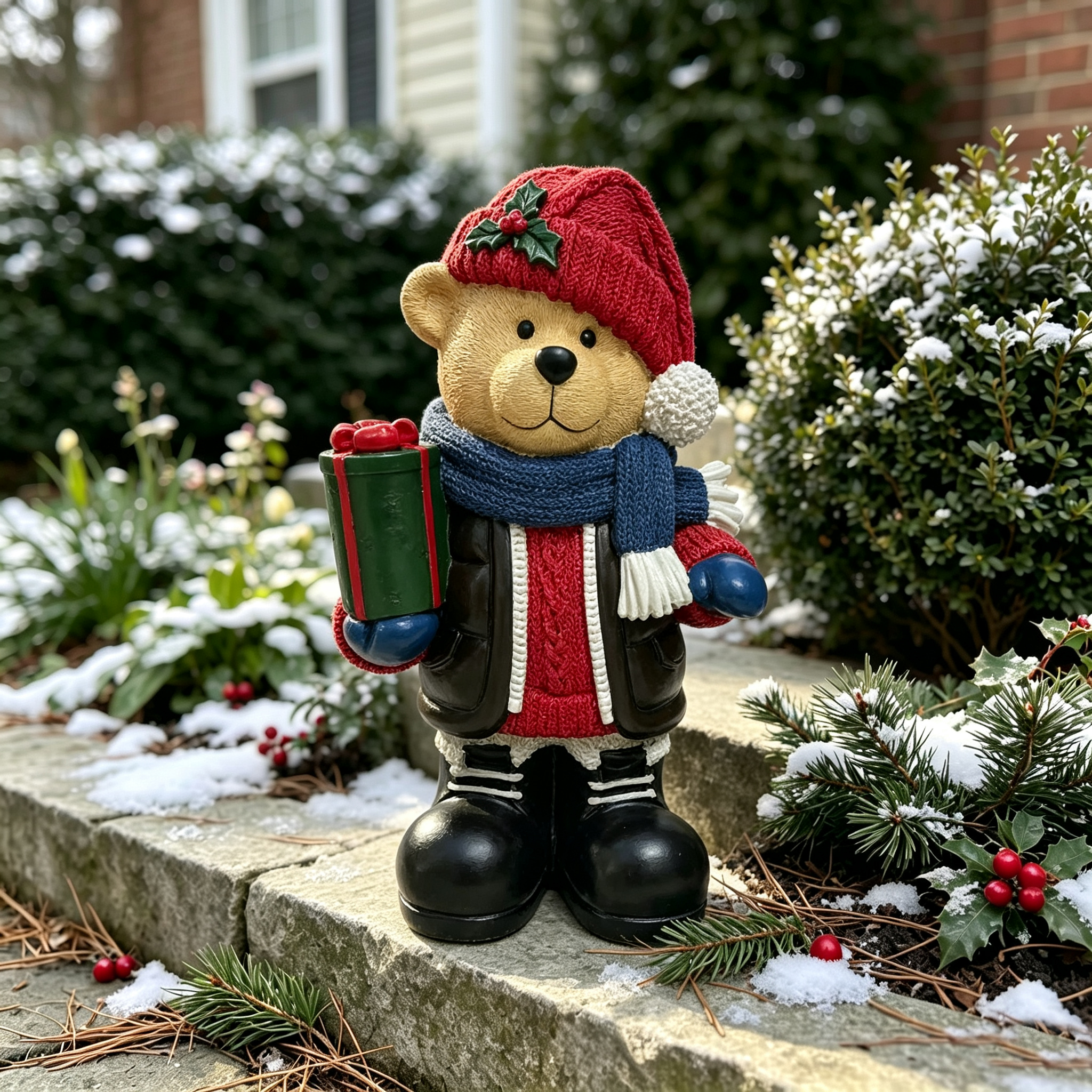 Christmas Bear Figurine Holding Gift Box
