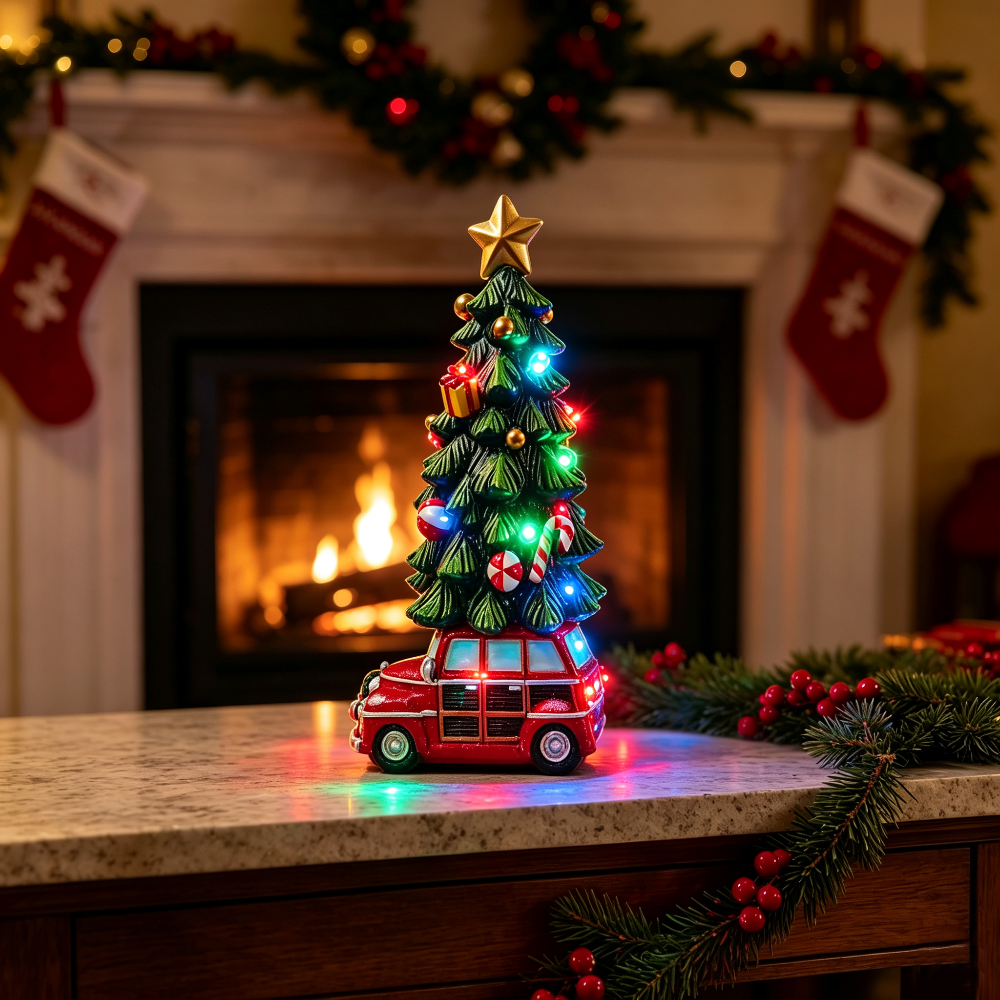 Light Up Christmas Tree Vintage Car Figurine