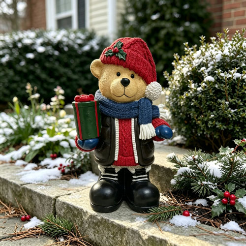 Christmas Bear Figurine Holding Gift Box