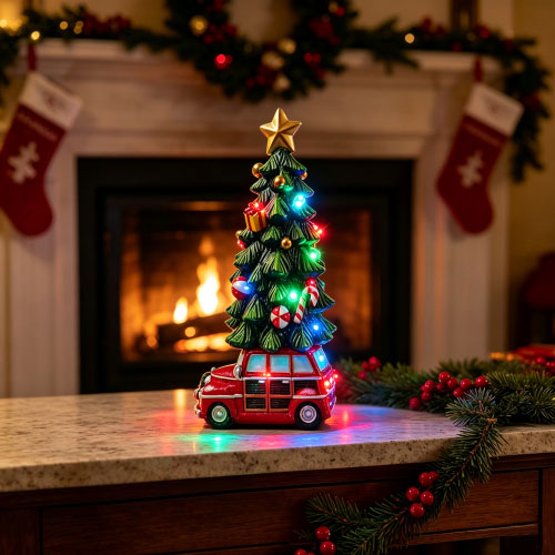 Light Up Christmas Tree Vintage Car Figurine