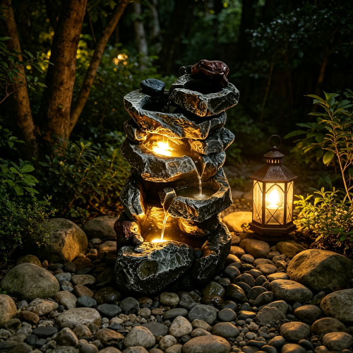 Simulated Stacked Rock Cascading Water Fountain